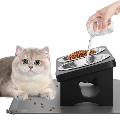 Erhöhte Katzennäpfe aus Massivholz mit Silikon-Futtermatte, 15° geneigt, erhöhter Katzenfutter- und Wassernapf, Anti-Erbrechen, 2 Edelstahlnäpfe für Katzen und kleine Hunde (schwarz) von INNVVIS