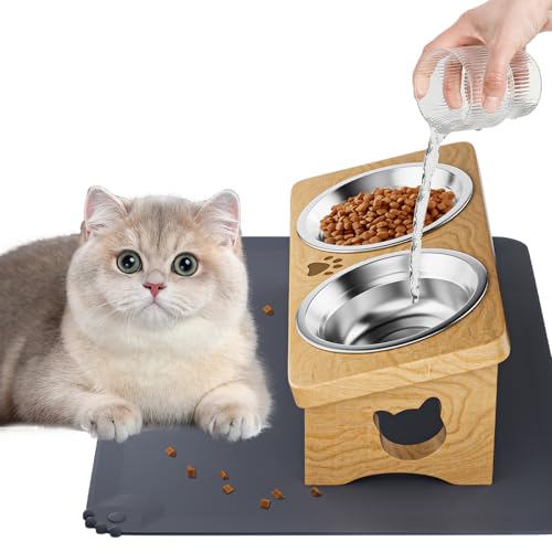 Erhöhte Katzennäpfe aus Massivholz mit Silikon-Futtermatte, 15° geneigte erhöhte Katzenfutter- und Wasserschüssel, Anti-Erbrechen Design, 2 Edelstahlnäpfe für Katzen und kleine Hunde Erhöhte Katzennäpfe aus Massivholz mit Silikon-Futtermatte, 15° geneigte erhöhte Katzenfutter- und Wasserschüssel, Anti-Erbrechen Design, 2 Edelstahlnäpfe für Katzen und kleine Hunde von INNVVIS