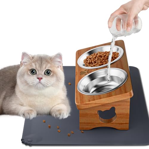Erhöhte Katzennäpfe aus Massivholz mit Silikon-Futtermatte, um 15° geneigt, erhöhter Katzenfutter- und Wassernapf, Anti-Erbrechen, 2 Edelstahlnäpfe für Katzen und kleine Hunde (Teakholz) von INNVVIS
