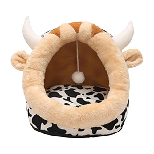 Niedliches Katzenbett für Indoor-Katzen, Katzenhaus, Hundebett, Katzennest, rutschfeste Unterseite, halbgeschlossen, bequem mit Spielball, Villa Welpe, Kuh, S/215 (Farbe: Kuh, Größe: S) von INPets