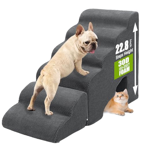 Hundetreppe und Stufen für hohe Betten bis zu 63,5 cm, 5-stufige Hunderampe für kleine und mittelgroße Hunde mit waschbarem Bezug, rutschfeste Stufen für Katzen zum Aufsteigen auf Couch und Sofa von INRLKIT