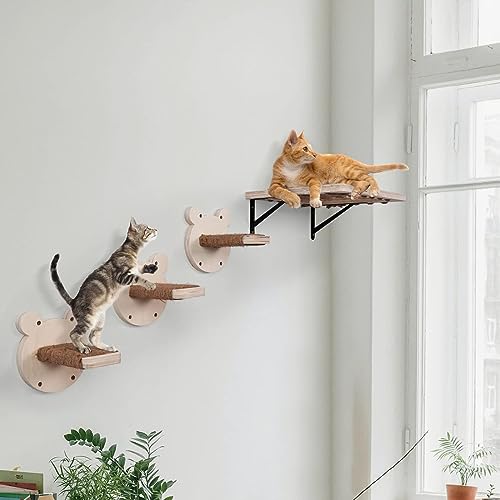 INRLKIT Katzen-Wandregal und Katzenstange, 4-teiliges Katzen-Wandstufen-Set zum Schlafen, Spielen, schwimmendes Katzenregal mit kratzendem Jute-Pad, Wandmontierte Katzen-Aktivitäten-Wandregale von INRLKIT