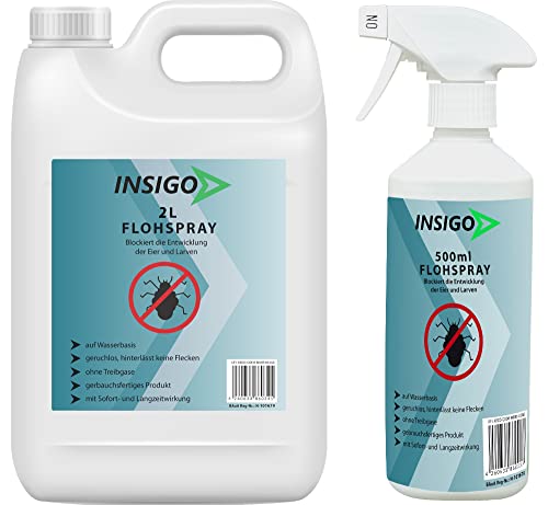 INSIGO Anti-Floh-Spray 2 Liter + 500ml | Hochwirksame Flohbekämpfung | Mittel gegen Flöhe auf Wasserbasis | Floh-Abwehr gegen Larven & Eier | Fleckenfreies Floh-Mittel mit Langzeitwirkung von INSIGO