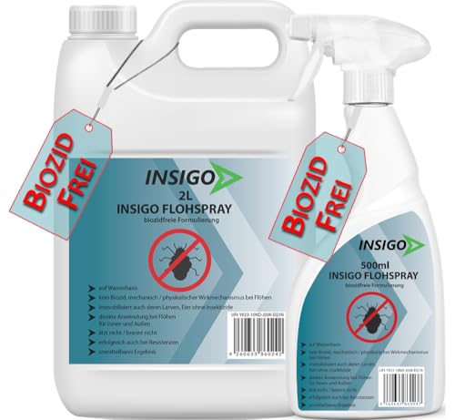 INSIGO Anti-Floh-Spray 2 Liter + 500ml | Hochwirksame Flohbekämpfung | Mittel gegen Flöhe auf Wasserbasis | Floh-Abwehr gegen Larven & Eier | Fleckenfreies Floh-Mittel mit Langzeitwirkung von INSIGO