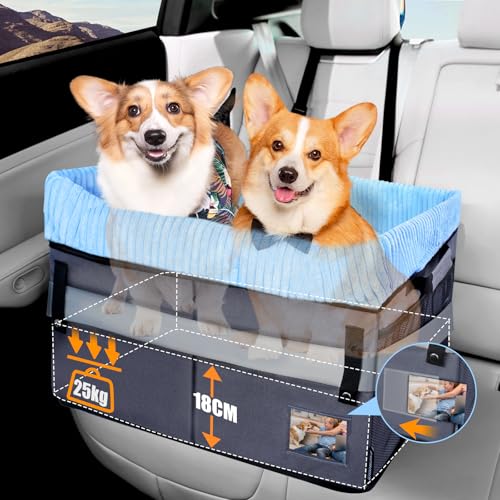 Hunde Autositz für 2 Kleine bis Mittlere Hunde Unter 25 KG, Hundesitz Auto Stabil & Erhöhter, Waschbarer Hundeautositz für Rück- und Vordersitz, Mit abnehmbarem Boden/Seitliche Netztaschen, Blau von INSMEER