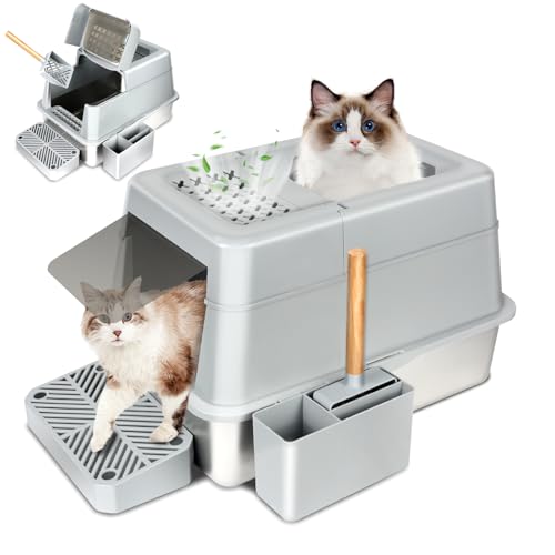 INSMEER Katzenklo Edelstahl mit Deckel, 30L Katzentoilette XXL Gross, mit Schaufel/Top Öffnung, geräumig für Katze bis 15 KG, auslaufsicher weniger Spuren, Leicht zu reinigen, 60 * 42 * 38CM von INSMEER