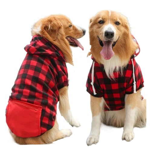 Winter warme Haustier-Hundekleidung, Karierter Druck, großer Hundemantel, Outfit, kompatibel mit großen Hunden, Labrador-Kapuzenpullover, Pullover, Gold-Retriever-Kleidung (Color : Red, Size : XXL) von INSTR