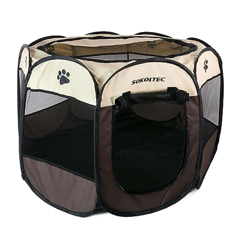 Intirilife Laufstall für Haustiere 77 x 58 cm Spielzelt aus Oxford-Gewebe in Braun mit Pfoten - Faltbar mit Tragetasche für Hunde Katzen Welpen Stall Tierlaufstall von INTIRILIFE