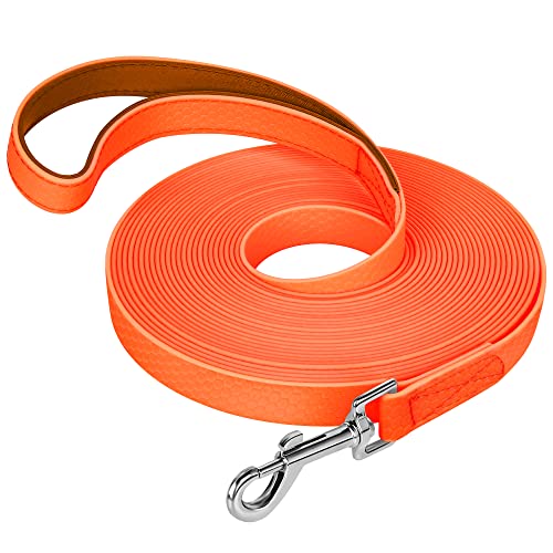 IOKHEIRA Trainingsleine für Hunde, wasserdichte Hundeleine mit Gepolstertem Griff 5m/10m/15m/20m, PVC-Hundeleine mit Starkem Rückruf für Hunde, Tracking & Camping (10M, Orange) von IOKHEIRA