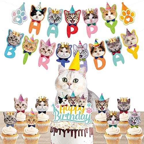 IOSPKKIO® Geburtstagsparty-Dekorationen mit Katzenmotiven, Partyzubehör-Set, inklusive Katzenparty-Banner und 9 stehenden Schildern, für Kindergeburtstage, Haustierpartys von IOSPKKIO