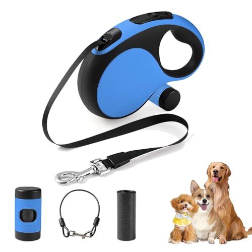 Einziehbare Hundeleine mit kaufestem Kabel, 7,8 m, robuste Hundeleine für kleine, mittelgroße und große Hunde bis zu 50 kg, 360° kein Verheddern, Einhandbremse (blau) von IRIDCLO