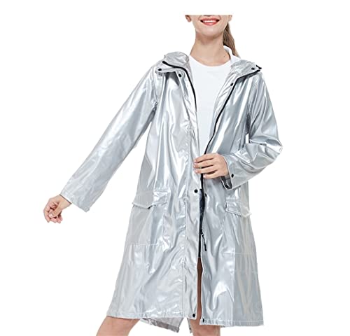 IRYZE Regenponcho Regenjacke Damen-Regenmantel, Lange Jacke, Kapuze, Winddicht, Warm, Wasserdicht, Windjacke, Regenjacken Regenmantel Regencape (Color : Silver, Size : L) von IRYZE
