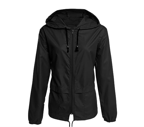 IRYZE Regenponcho Regenjacke Wasserdichte Damen-Regenmanteljacke Mit Reißverschluss, Leichte Regenjacke, Für Den Außenbereich Verstaubar Regenmantel Regencape (Color : Black, Size : S) von IRYZE