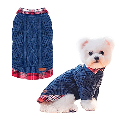 ISPET Klassischer Haustier-Pullover – Patchwork gestrickte Hunde Sweatshirt warme Katzen Plaid Winterkleidung für kleine Hunde kalte Tage Tragen, marineblau, XL von IS PET DESIGNER PETWEAR