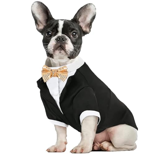 Formeller Hunde-Smoking, Haustierkostüm, Hochzeit, Smoking, Welpen-Shirt mit goldfarbener Fliege, Hundekleidung für kleine, mittelgroße Hunde und Katzen, Hochzeitskleidung, Party-Outfit, von ISDULA