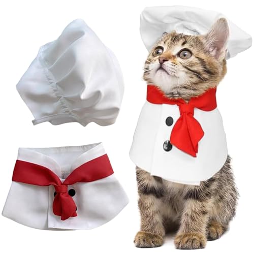 Koch Kostüm für Hunde und Katzen, Halloween-Kostüme, Kochmütze und Krawatte, Haustierkoch, Uniform für kleine Hunde, Katzen, Welpen, Kätzchen, Cosplay, Halloween, Party, Koch Outfit (weiß, groß) von ISDULA