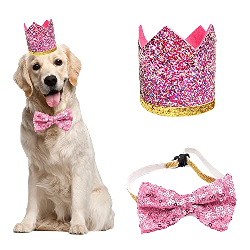 Haustierparty Hundehut und Fliege Set, niedlicher Hochzeits-Geburtstag-Hunde-Kronenhut und Hunde-Fliege für Hunde-Party, Zubehör für Haustiere, Katze, Kätzchen, Cosplay-Kostüm, Zubehör (Pink) von ISMARTEN