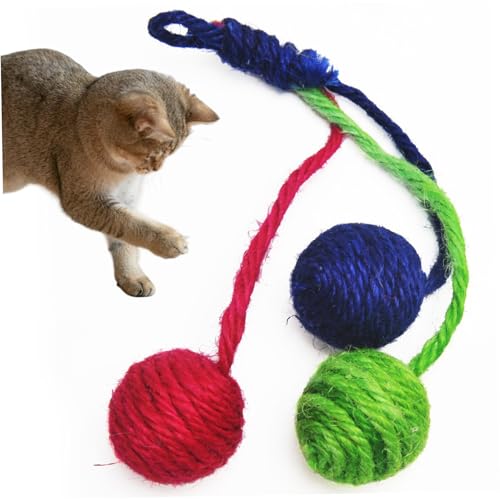 ISOYTERO Hängende Katzenspielzeug kratzfestes interaktives Katzenspielzeug mit 3 Sisal Ball Self-Spiel-Spielzeug für Innenkatzen beißen und resistent zum Aufhängen von Kratzern von ISOYTERO