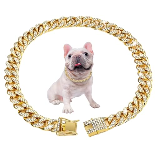 Kubanische Verbindung Hundekragen 17.7 '' Kubanische Verknüpfungskette für Hunde Alloy Diamond Goldkette für Hunde Bling Collar Hundeschmuck für Katzen Welpengeschenke von ISOYTERO