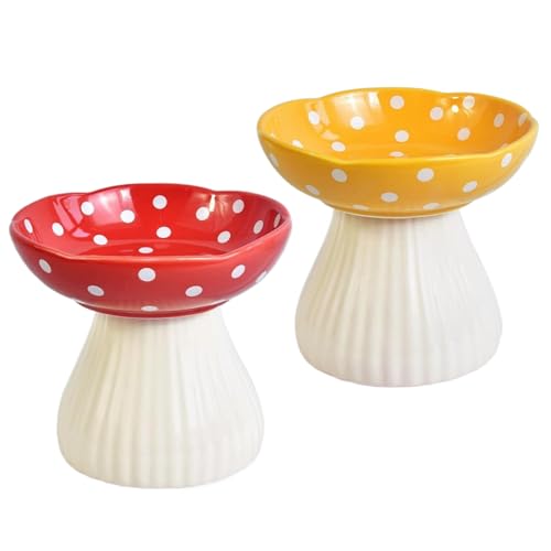 Pilzkatze Schüssel 2pcs 6x5 Zoll 300 ml erhöhte Katze Schüssel süße Keramikschalen für Lebensmittel/Wasserfutter sicher reibungsloser und Stabiler Feeder für Innenpilzen Pilz von ISOYTERO