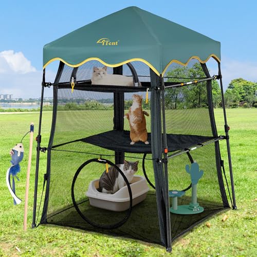 Catio Katzengehege für den Außenbereich, 3-stöckig, wetterfest und sonnenfest, mit 3 Türen, faltbar und tragbar, für Terrasse, Deck, Camping, drinnen und draußen (patentiert) von ITENT