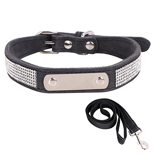 ITODA Leder Halsband mit Edelstahl ID Marke für Hunde Personalisierter Hundehalsband mit D-Ring und Hundeleine im Set Halsband mit Name Gravur für Alltagsleben Training Schwarz L von ITODA