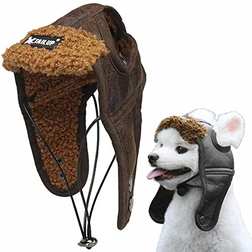 ITODA Mütze Hund Trappermütze Winter Hundemütze mit Ohrlöchern Fliegermütze Haustier Wintermütze Verstellbar Hundecap PU Leder Hundehut Warm Windschutz Haustiermütze Outdoor Fellmütze Welpen Katze von ITODA