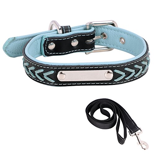ITODA Personalisierter Halsband Set mit Hundeleine Größe Edelstahl Name Marke mit Wunschgravur Outdoor Leder Halsband für Haustiere zu Spazieren Training Reisen Blau L von ITODA