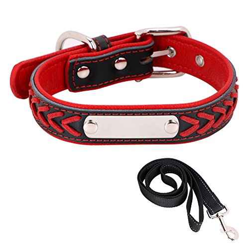 ITODA Personalisierter Halsband Set mit Hundeleine Größe Edelstahl Name Marke mit Wunschgravur Outdoor Leder Halsband für Haustiere zu Spazieren Training Reisen Rot XS von ITODA