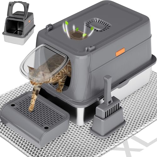 Citylife Edelstahl-Katzentoilette mit Deckel, XL, extra groß, geschlossen, abnehmbar, Metall-Katzentoilette mit Schaufel und doppellagiger Katzentoilette, antihaftbeschichtet, geruchlos, einfache von ITYLIFE CITYLIFE