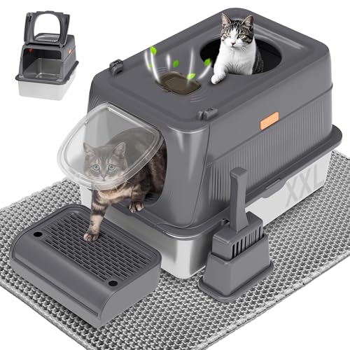 Citylife Katzentoilette aus Edelstahl mit Deckel, Front- & Top-Eingang, extra großes Metall-Kitty-Katzentoilettengehege mit Schaufel & doppellagiger Matte, Anti-Auslaufen, nicht klebrig, Dunkelgrau Citylife Katzentoilette aus Edelstahl mit Deckel, Front- & Top-Eingang, extra großes Metall-Kitty-Katzentoilettengehege mit Schaufel & doppellagiger Matte, Anti-Auslaufen, nicht klebrig, Dunkelgrau von ITYLIFE CITYLIFE