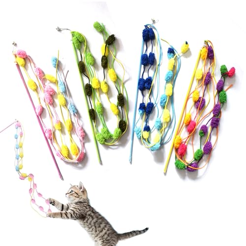 IUHKBH Katzenspielzeug, 4 Stück, Plüsch-Stäbe, interaktiver Katzen-Teasing-Stab mit Glocke für Katzen, Kätzchen, Spaß beim Trainieren von IUHKBH
