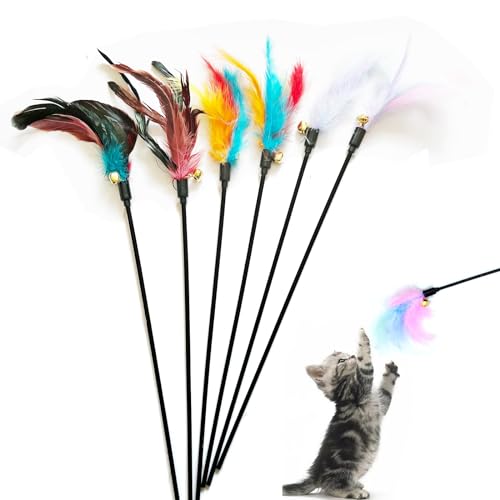 IUHKBH Katzenstäbe, interaktives Katzen-Federspielzeug, Katzenspielzeug mit Glocke, 45,7 cm langer Federstab für Katze und Kätzchen, 6 Stück von IUHKBH