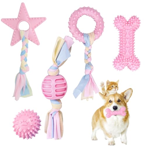 IUKUNNE 5pcs Welpenspielzeug Langlebiges Interaktives Kauspielzeug, Welpenspielzeug mit Ball und Baumwollseilen, Kauspielzeug für Hunde, Welpen Zahnen Spielzeug (Rosa) von IUKUNNE