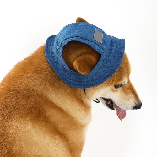 IUOUTG Denim Farbe Haustier Fischerhut Im Freien Flachs Sonnenhut Nackengurt Verstellbar Atmungsaktiv mit Ohrloch für kleine mittlere Hunde von IUOUTG