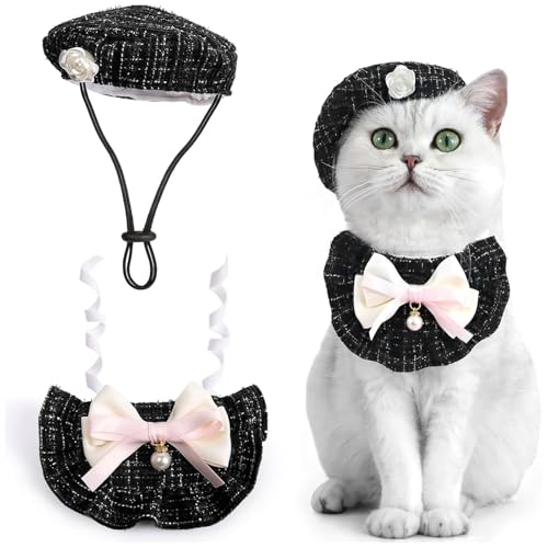 IUOUTG Hund Beret Hüte Katzenhut Mit Perlen Bowtie, Mode Haustier Party Caps Set Passende Bandana Schal, Hund Prinzessin Kostüm Zubehör Für Geburtstag Hochzeit von IUOUTG