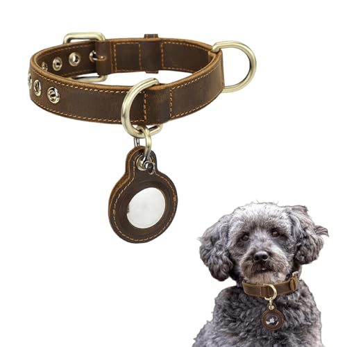 IUOUTG Retro AirTag Hundehalsband, Hund GPS Aufspürer Halsbänder, echtes Leder Material verstellbares Entwurf & Metallzubehör für Welpen von IUOUTG
