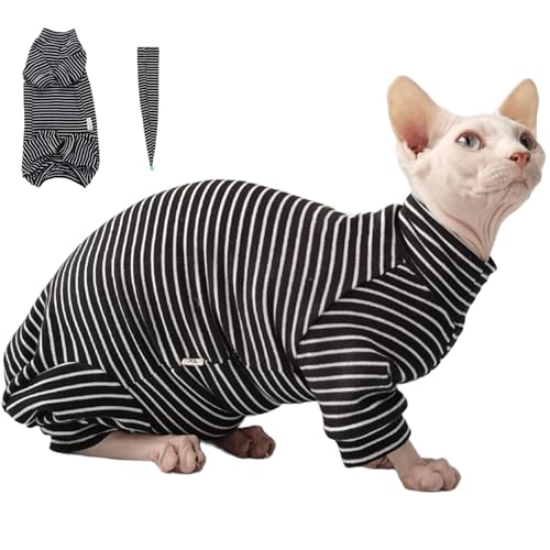 IUOUTG Streifenförmige Katzenkleidung Set Mit Hut & Schwanzabdeckung, Atmungsaktiver 4-Beine Bodysuit Für Haarlose Katzen, Warme Haustier-Shirts Für Den Indoor-Outdoor-Gebrauch von IUOUTG