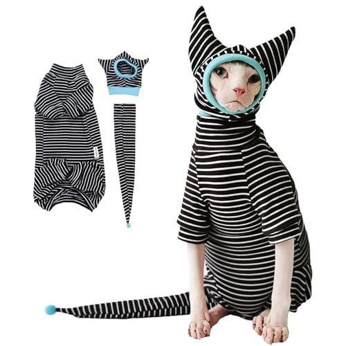 IUOUTG Streifenförmige Katzenkleidung Set Mit Hut & Schwanzabdeckung, Atmungsaktiver 4-Beine Bodysuit Für Haarlose Katzen, Warme Haustier-Shirts Für Den Indoor-Outdoor-Gebrauch von IUOUTG