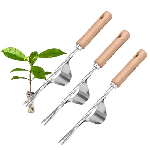 IVEOPPE Unkrautstecher Edelstahl 3 Stück, Unkraut Entferner Gerät mit Holzgriff, Manueller Weeder zum Graben, Jäten, Lösen, Manueller Weeder Löwenzahnzieher Rasenmäher für den Garten Rasen Hof von IVEOPPE