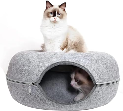 Katzenhöhle für Indoor-Katzen, Katzen-Donut-Katzentunnelbett, kratzfestes Katzenspielzeug für mittelgroße große Katzen bis zu 13,6 kg (Hellgrau, Groß) von IWANTDIY
