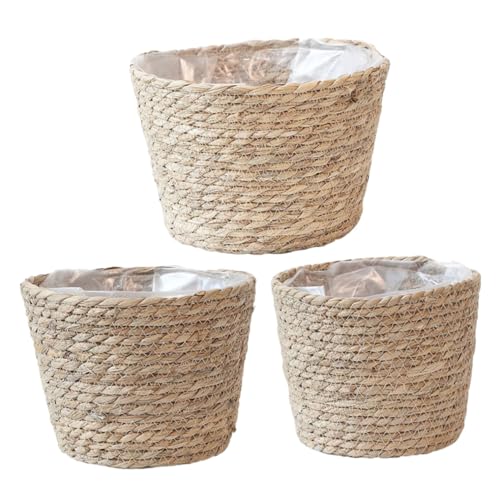 IWOWHERO 3 Stück Blumentopfkorb Aus Stroh Geflochtene Blumentöpfe Futterblumenkorb Geflochtener Wäschekorb Abfallkorb Aus Seegras Pflanzentopfbehälter Korb Aus PVC von IWOWHERO