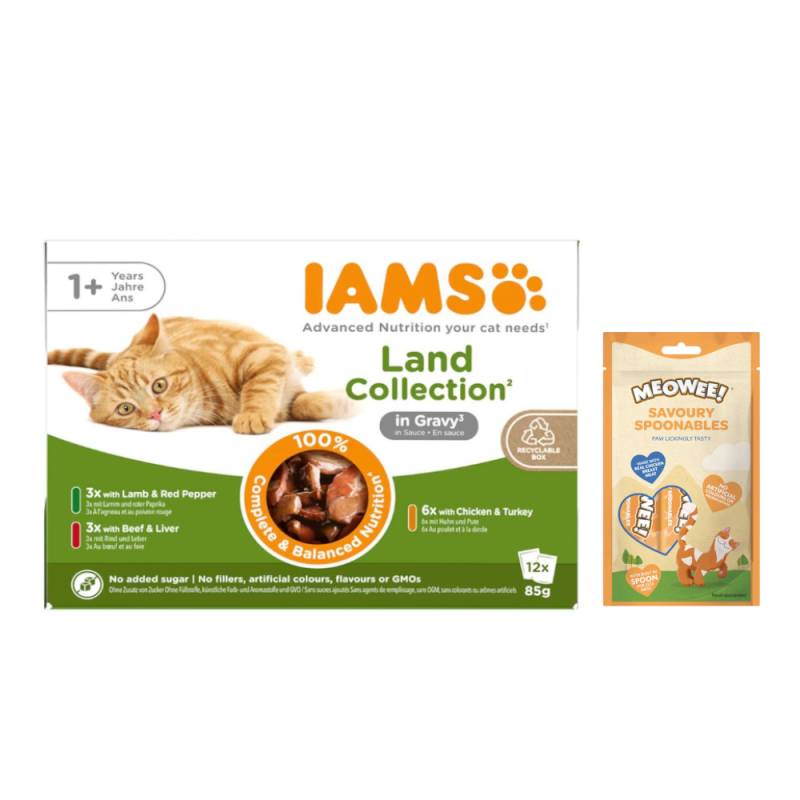 12 x 85 g IAMS Advanced Nutrition + 8 x 14 g Meowee! Savoury Spoonables gratis! - Adult Land Mix in Sauce von Iams