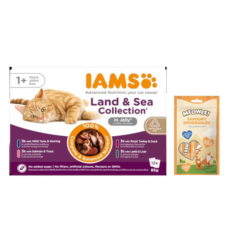 12 x 85 g IAMS Advanced Nutrition + 8 x 14 g Meowee! Savoury Spoonables gratis! - Adult Land & Sea Mix in Gelee von Iams