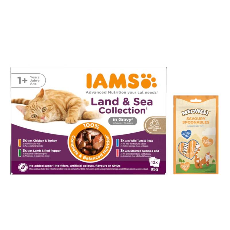 12 x 85 g IAMS Advanced Nutrition + 8 x 14 g Meowee! Savoury Spoonables gratis! - Adult Land & Sea Mix in Sauce von Iams