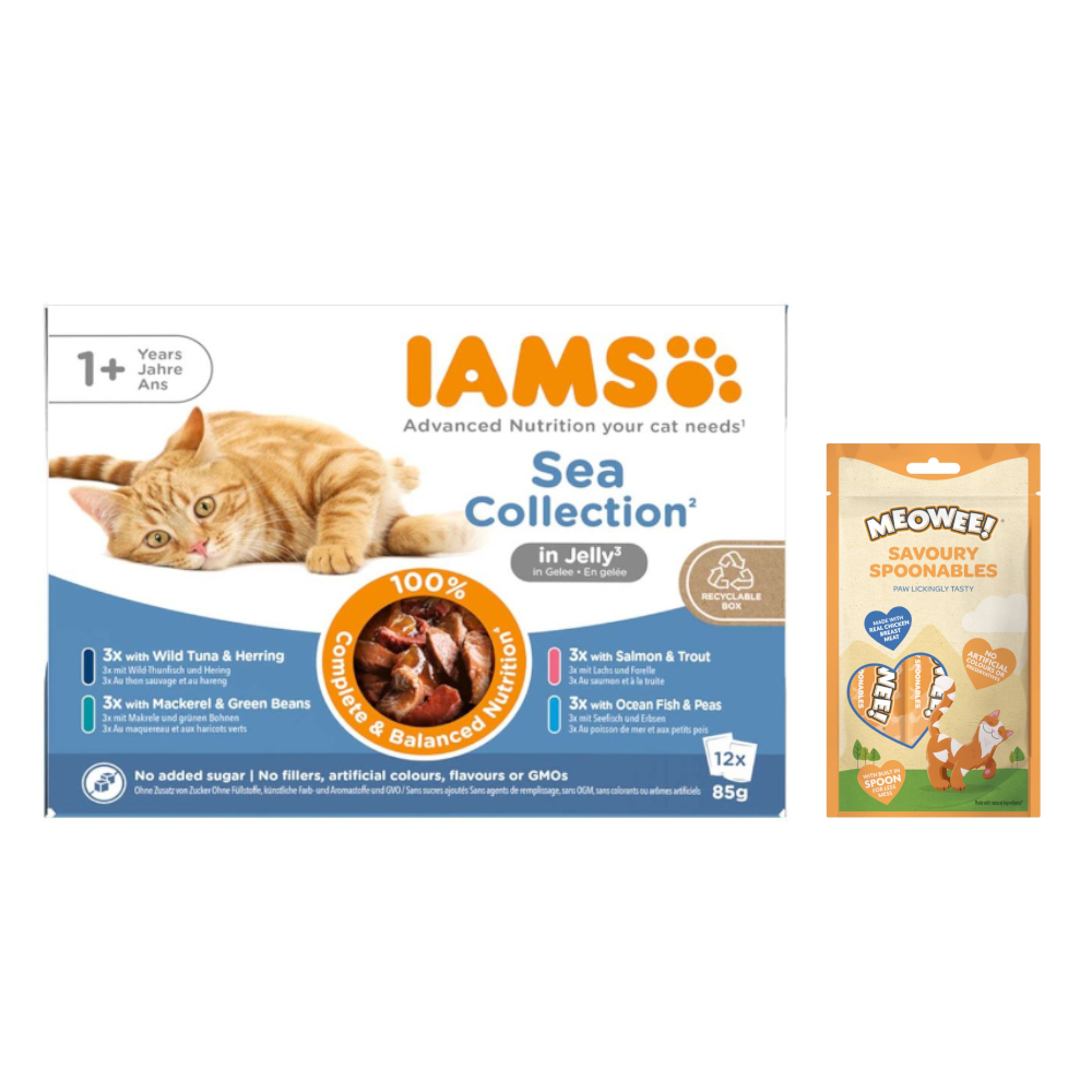 12 x 85 g IAMS Advanced Nutrition + 8 x 14 g Meowee! Savoury Spoonables gratis! - Adult Sea Mix in Gelee von Iams
