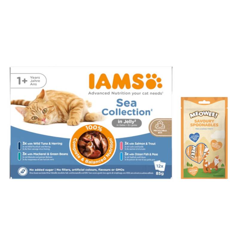 12 x 85 g IAMS Advanced Nutrition + 8 x 14 g Meowee! Savoury Spoonables gratis! - Adult Sea Mix in Gelee von Iams