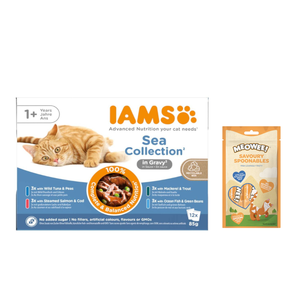 12 x 85 g IAMS Advanced Nutrition + 8 x 14 g Meowee! Savoury Spoonables gratis! - Adult Sea Mix in Sauce von Iams