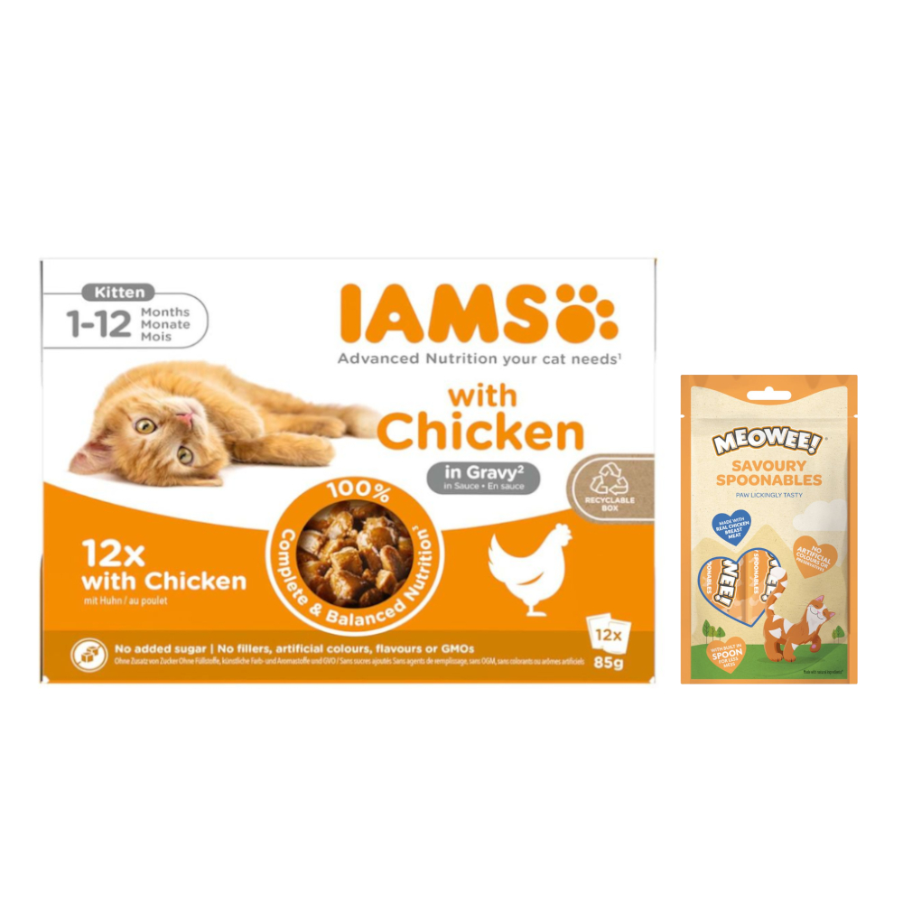 12 x 85 g IAMS Advanced Nutrition + 8 x 14 g Meowee! Savoury Spoonables gratis! - Kitten Huhn in Sauce von Iams