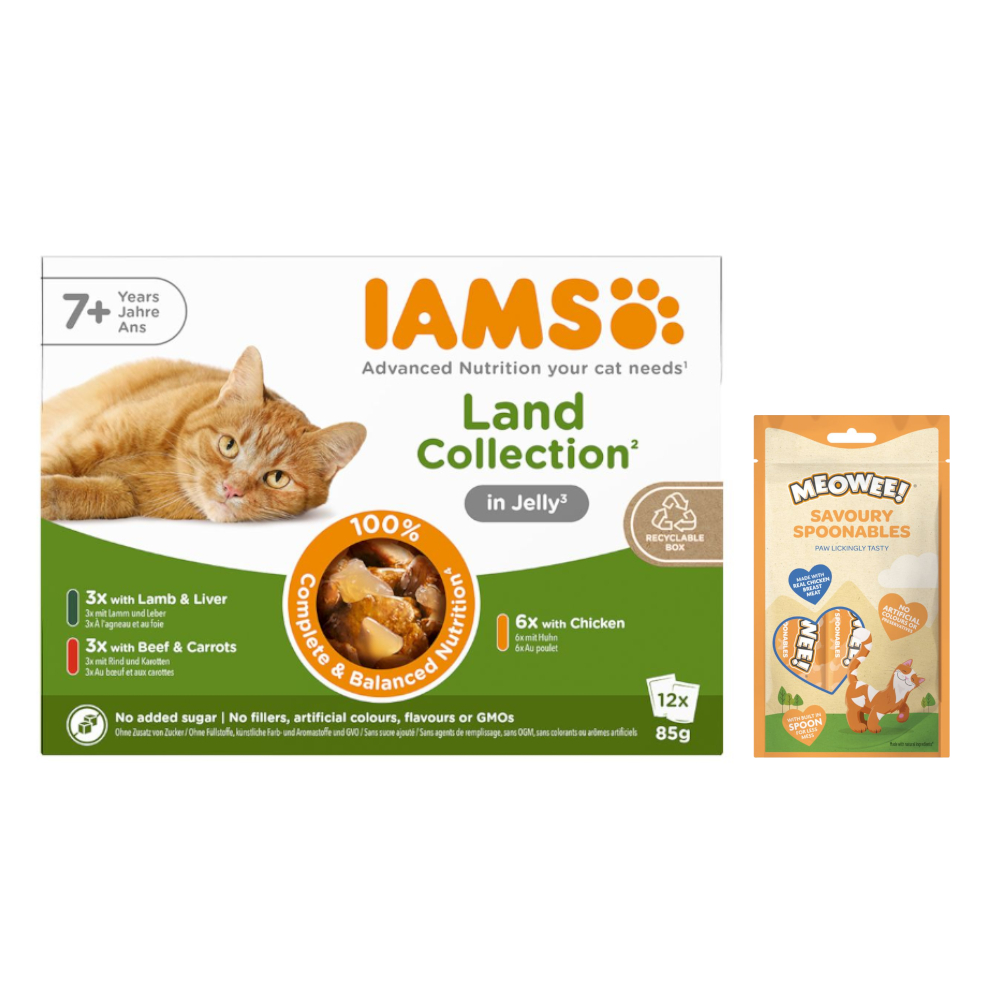 12 x 85 g IAMS Advanced Nutrition + 8 x 14 g Meowee! Savoury Spoonables gratis! - Senior 7+ Land Collection in Gelee von Iams